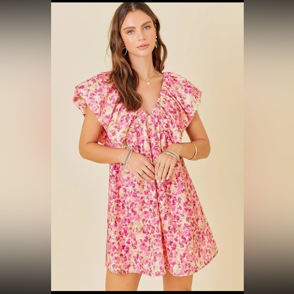 Day & Moon Warm Floral Print V-neck Mini Dress - Picture 2 of 7
